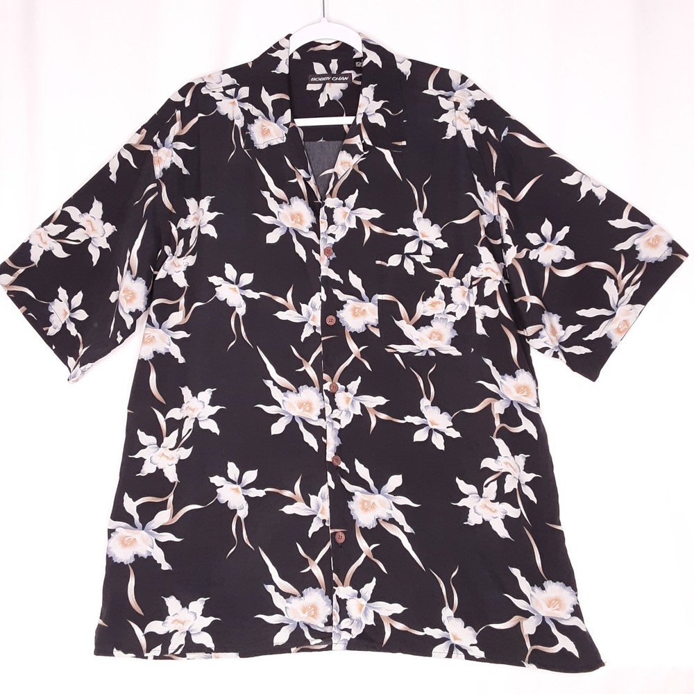 💎Bobby Chan Mens Hawaiian Silk Shirt Size XL Short Sleeves Black/Floral